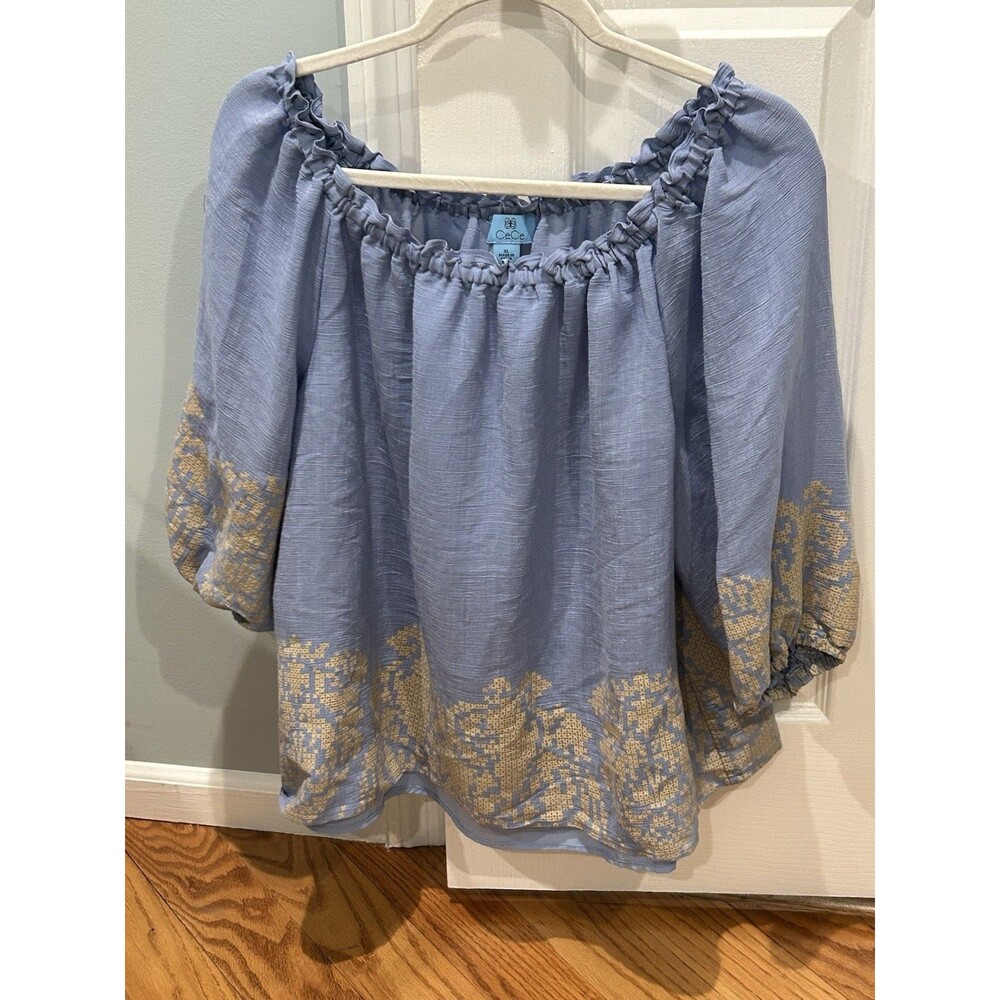 Ce Ce Women's Blue 3/4 Sleeve Gathered Neckline Top Size XL